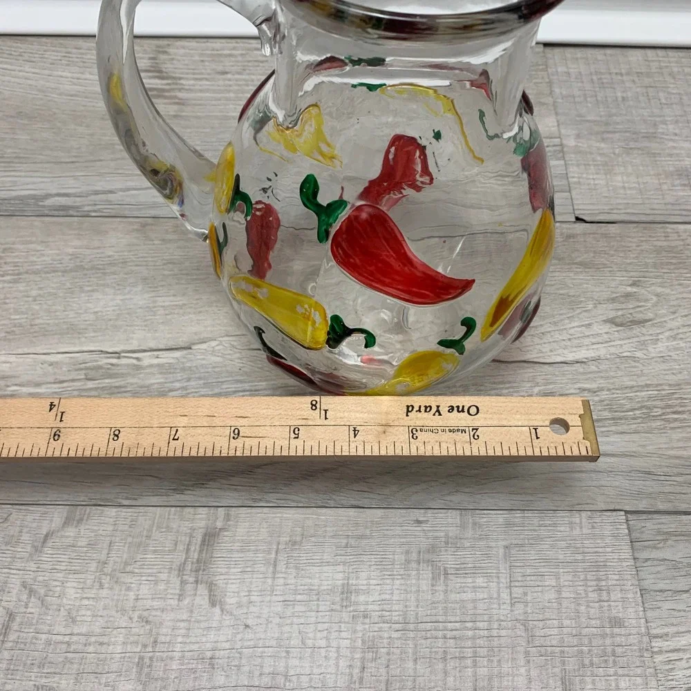 Vintage Hand Painted Chili Pepper Glass Pitcher Red Yellow Southwestern Decor